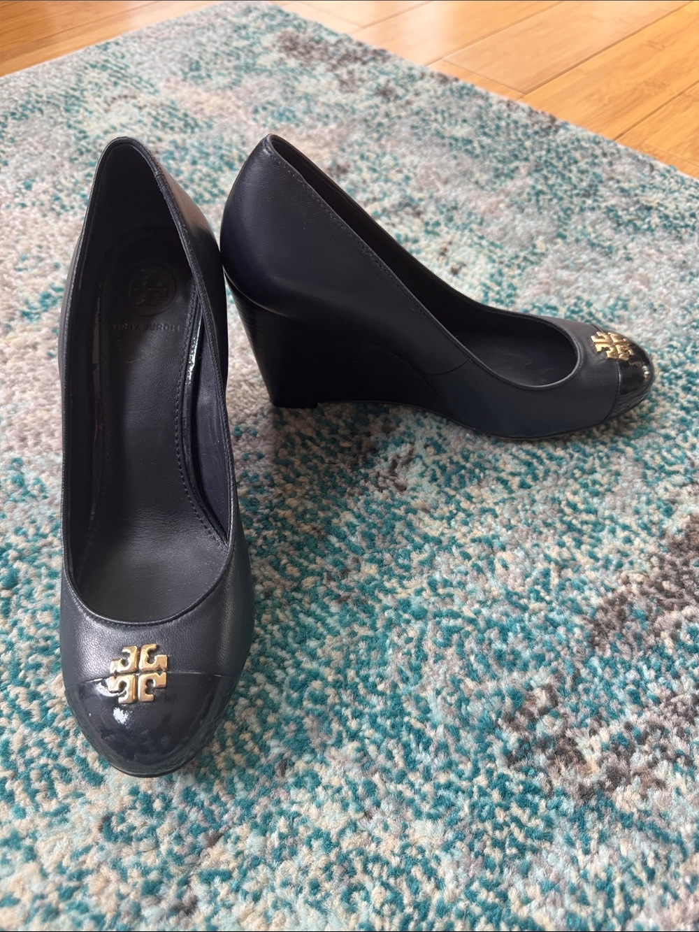 Tory Burch Navy Blue Leather Wedge Pumps with Gold Logo Cap Toe